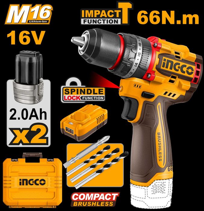 Ingco bormasina pe acumulator  16 volti impact, mandrina fier