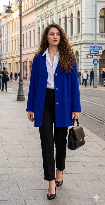 Blazer elegant de toamna/primavara, albastru regal, lana 80%, captusit, marimea 46-48