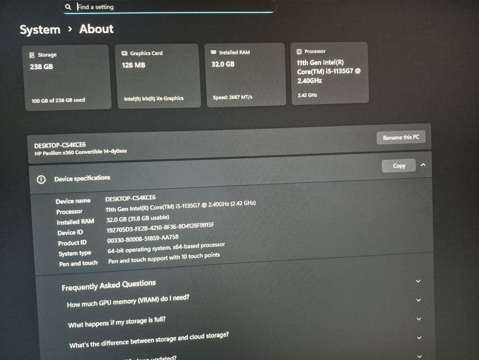 Лаптоп HP Pavilion x360, 14" FHD, i5 11th Gen, 32GB RAM