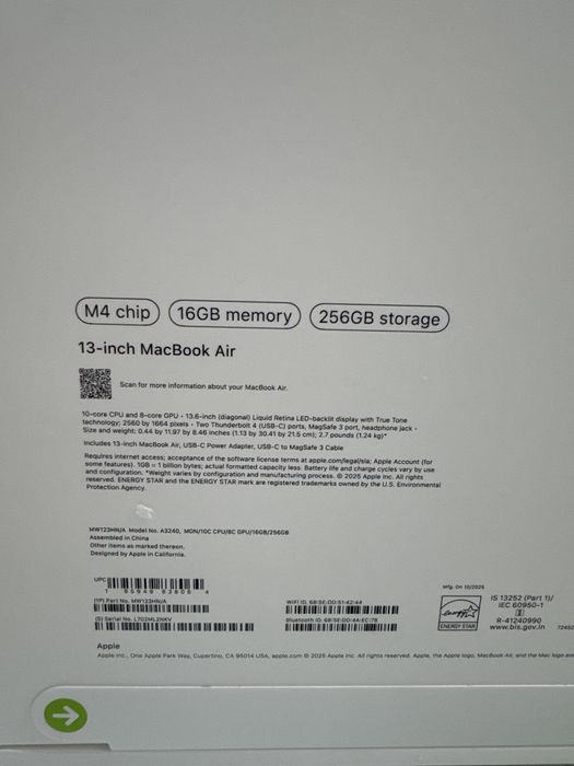 mac book air 13 m4 16/256 skyblu black starligihit