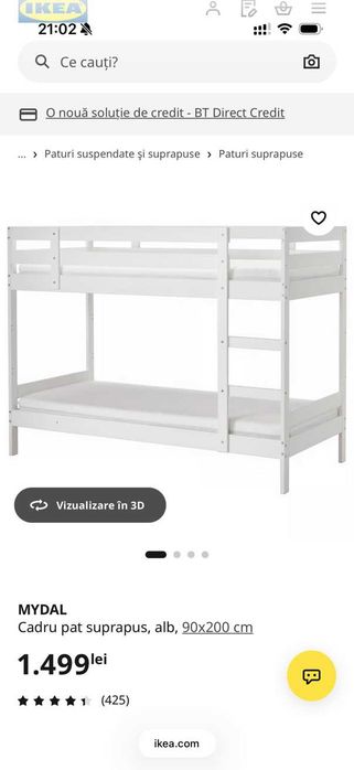 Pat etajat MYDAL alb IKEA pentru copii (complet, demontat) + 2 saltele IKEA 90 x 200 cm