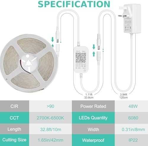Нова COB LED Лента 10М 24V Бяло Димируемо Осветление с Контролер за дом