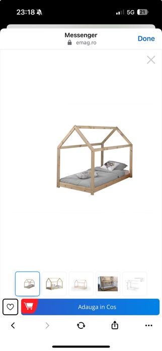 Pat montessori tip casuta lemn natur 90x200 cu saltea inclusa