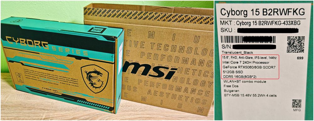 NVIDIA RTX 5060 8GB GDDR7 DLSS 4/Intel Core 7 240H (5.2GHz, 24Mb)/15.6 Full HD 144hz/16GB RAM DDR5/512GB SSD NVMe/MSI Cyborg 15 с 24 месеца гаранция