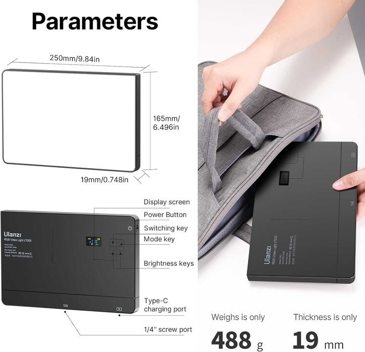 ULANZI LT003 RGB видео лампа с вградена батерия 8000mAh и USB зарядно