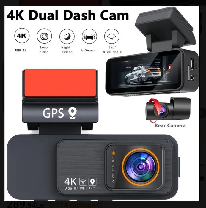 Cameră Auto 4K cu Cameră Spate 2.5K și GPS, Ecran de 3,2 Inch, Conexiune WiFi, Control în Timp Real prin Aplicație Înregistrare în Buclă