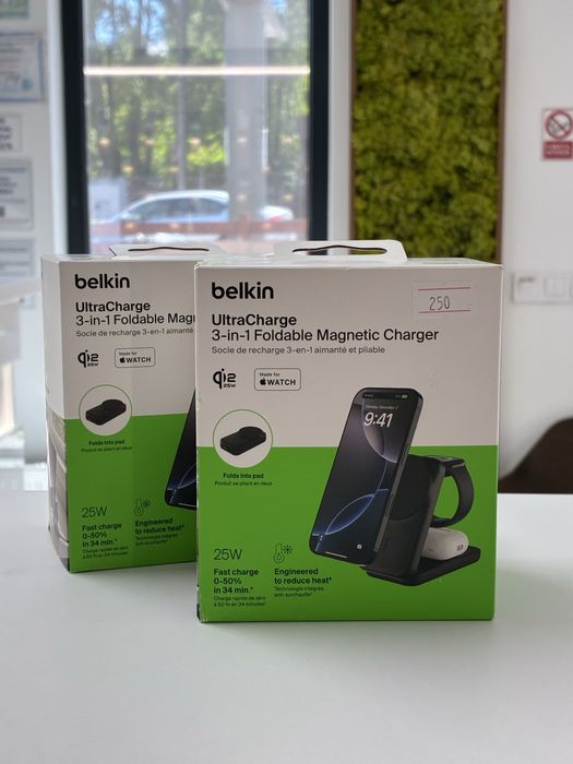 Încărcător Wireless Belkin UltraCharge 3 în 1, 25W, magnetic, compatibil MagSafe / Apple Watch / AirPods / adaptor 45W inclus / Sigilate