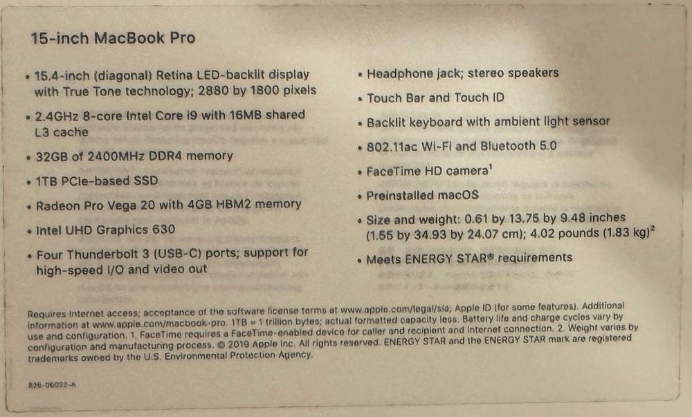 MacBook Pro 15 2019 | i9 2,4 GHz | 32 GB RAM | SSD 1 TB | Vega 20