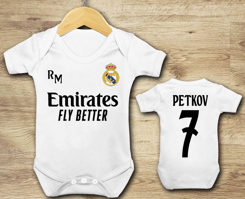 Бебешки бодита MAN UNITED, Chelsea, REAL MADRID с ИМЕ и НОМЕР по избор