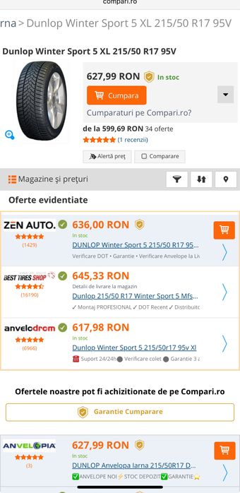 4 anvelope iarna 215/50/17 Dunlop app noi DOT 2025!