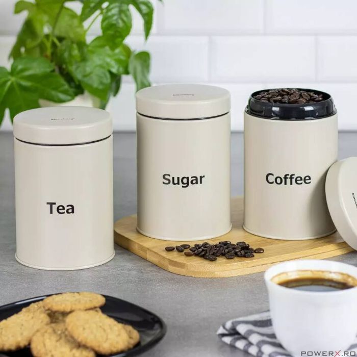 Set 3 recipiente pentru cafea, ceai, zahar, inox, bej, Klausberg