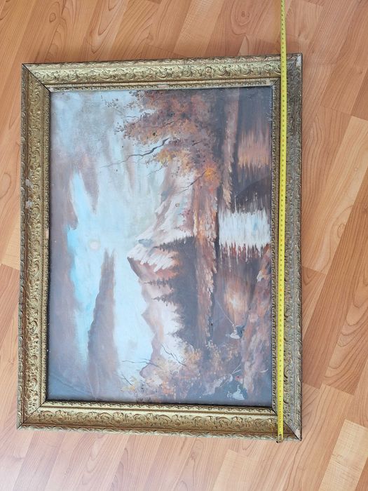 Tablou Vechi de Colectie impresionant „Pescar montan toamna ” – pictor V. Casacu (66.5 x 48 cm), ulei pe panza, rama stuc baroc aurita.
