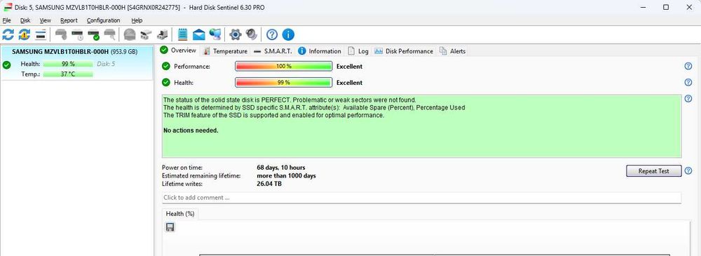 1TB SSD M.2 NVMe Samsung SSD 1TB NVMe 1TB Samsung PM981a  99% Health 68 zile