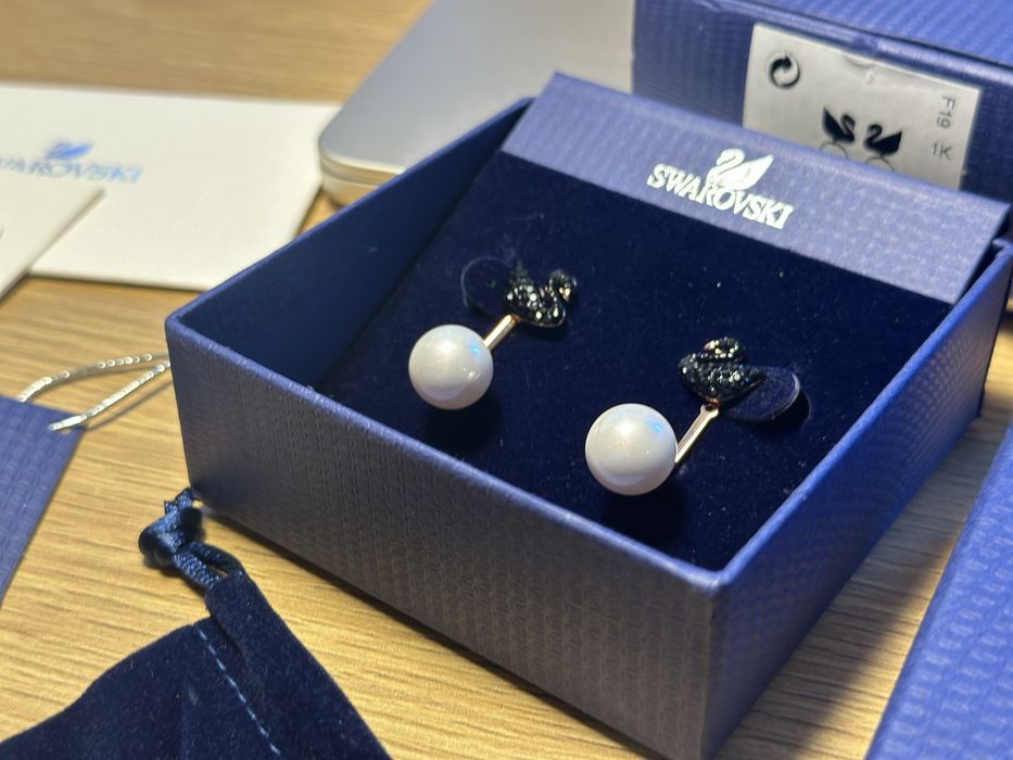 Cercei Swarovski swan lebada, detasabil, negru