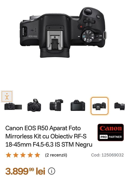 Canon EOS R50 Aparat Foto Mirrorless Kit cu Obiectiv RF-S 18-45mm F4.5-6.3