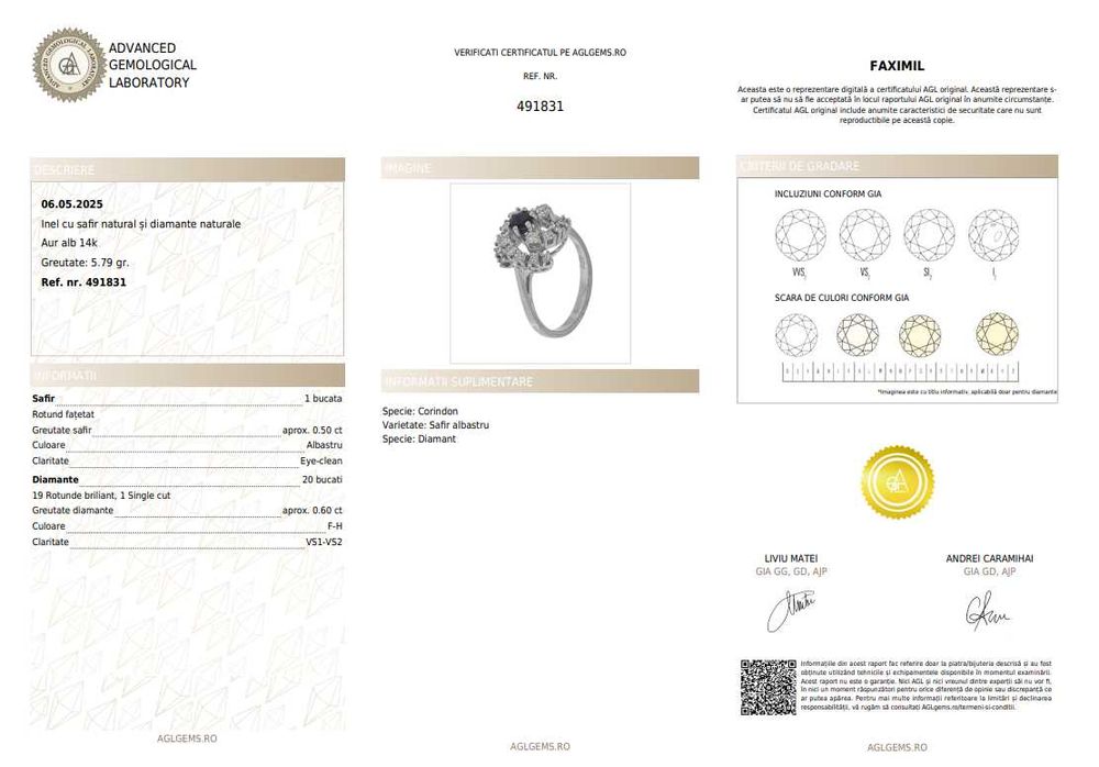 Inel din aur alb, decorat cu safir anturat de diamante