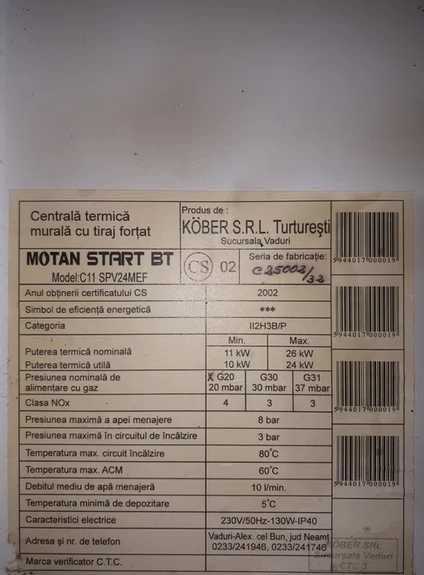 Vând piese centrală termică de apartament Motan START BT. pe gaz.