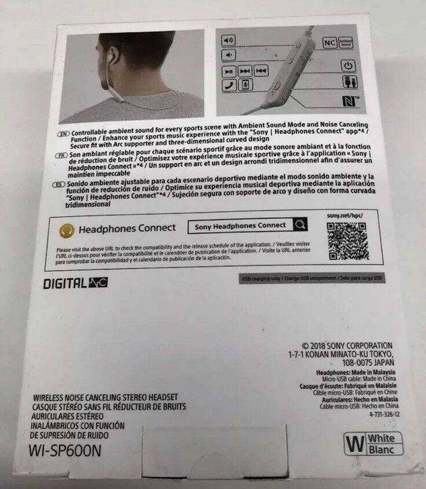 Слушалки Sony WI-SP600N, безжични, микрофон, NFC, IPX4, бели