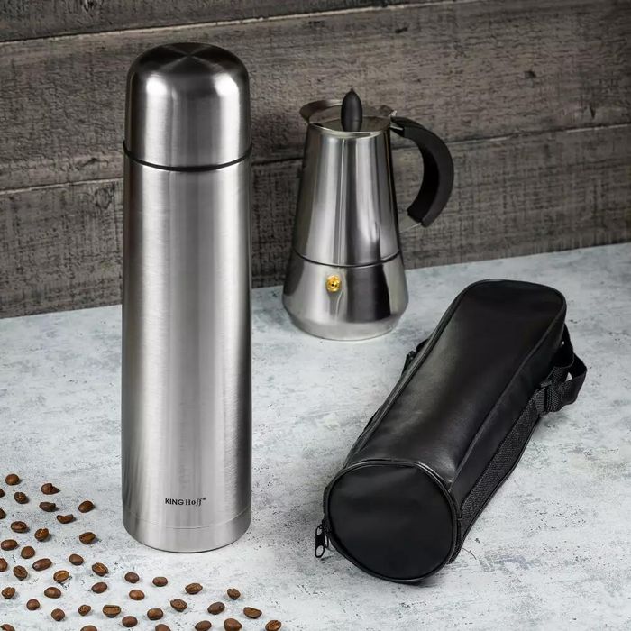 Termos din inox argintiu cu pereti dubli, capacitate 350 ml, husa de