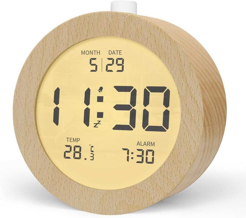 Ceas digital de masa, cu alarma, afisaj temperatura, lemn