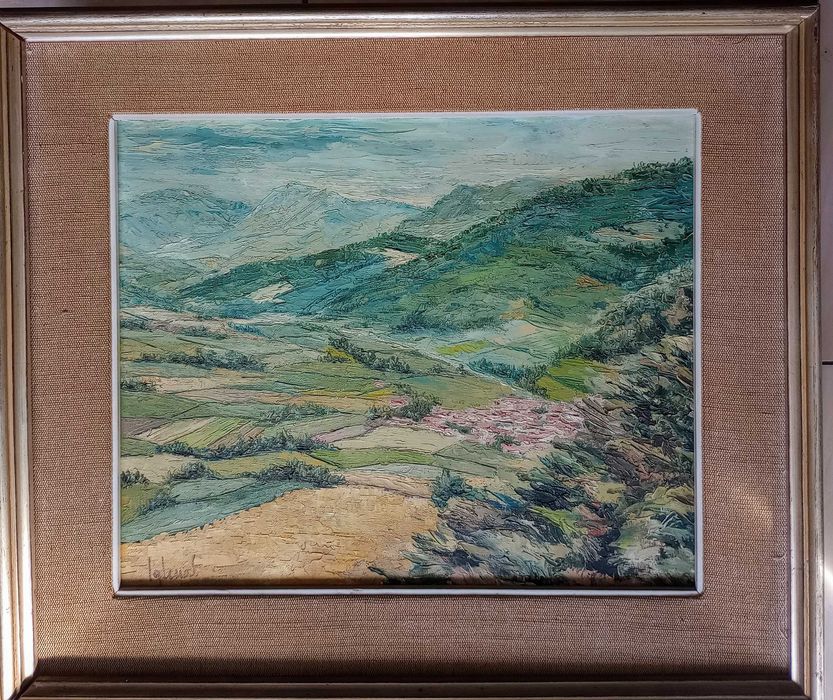 Tablouri, peisaje pe hârtie carton, unul mic pe panza, goblenuri