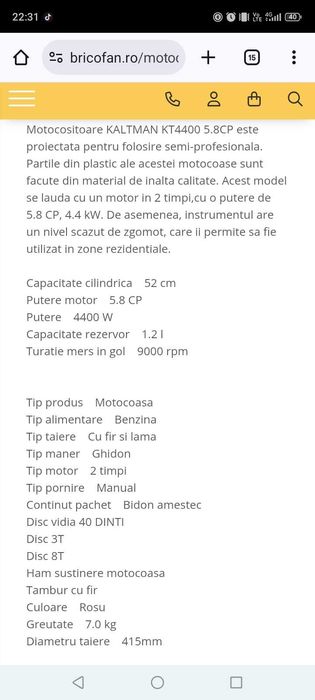 Motocoasa KALTMAN kt 4400 , 5,8cp