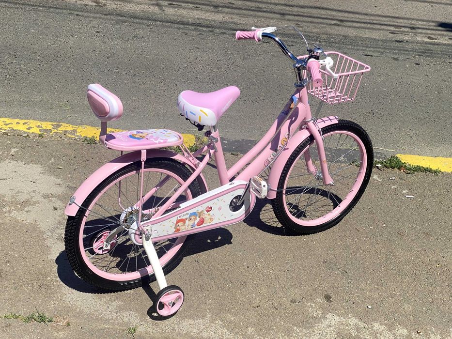 Bicicletă fetițe 4-7 ani, 16”, roți ajutătoare, coș/portbagaj metalic