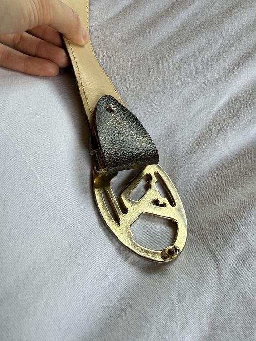 Curea maro cu catarama aurie/ Brown Leather Monogram Belt - - Gold Buckle