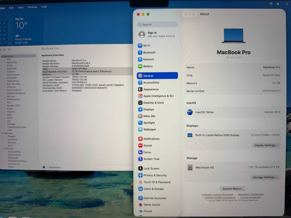 MacBook Pro 16" M1 MAX 10-CPU, 32-GPU, 32GB RAM, 2TB SSD