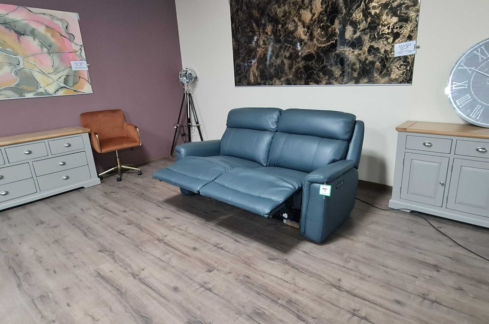 Тюркоазено син кожен диван тройка с ел. релакс механизъм La-z-boy