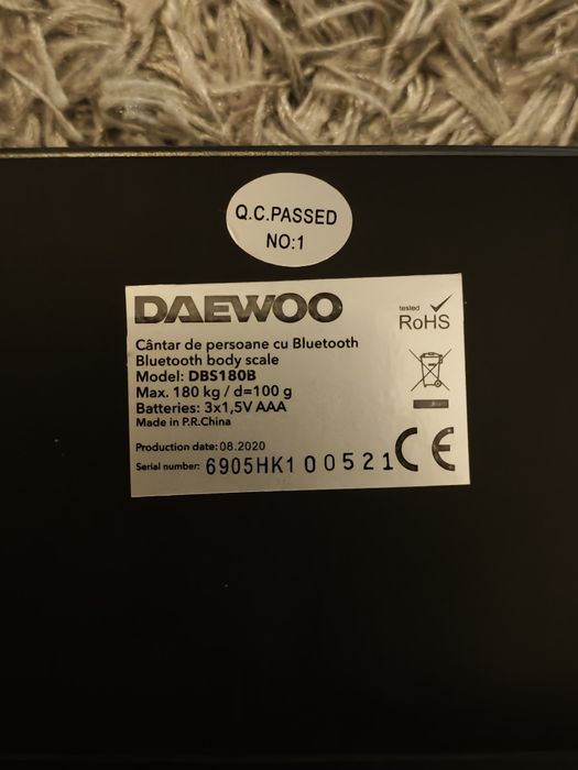 Cantar electronic de persoane cu Bluetooth Daewoo, 180 kg, Display LED