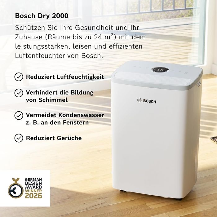 Влагоуловител/ Обезвлажнител Bosch Dry 2000, 12 литра на ден, до 24 кв.м