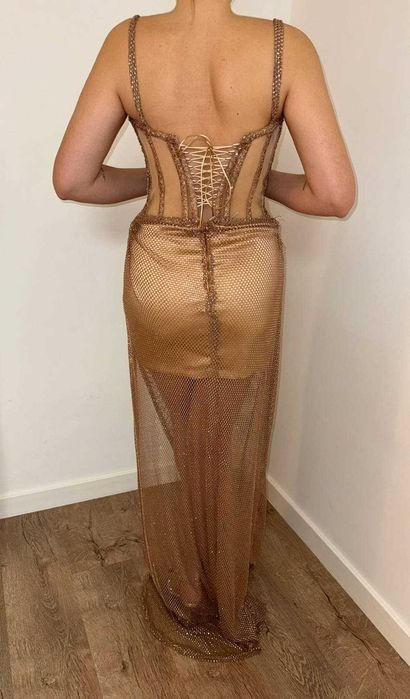 Rochie de seara - culoare rose gold / cupru - material plasa pietre