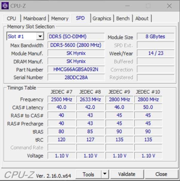 Memorie RAM DDR5 Laptop SODIMM SK Hynix HMCG66AGBSA092N 16GB (2 x 8GB) 5600 MHz 1Rx16 - Testate, perfect functionale