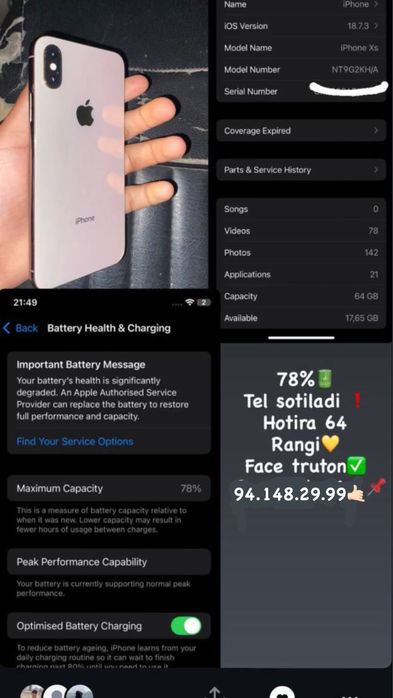 Iphone Xs xolati idiyal karabka yo’q xotirasi 64 yonkisti 78% arginal