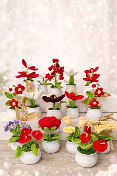 Ръчно плетени цветя, букети, подаръчни кутии/подарък handmade за жена