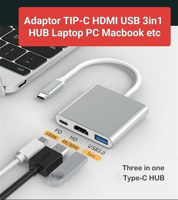 Adaptor Tip C Hdmi USB Macbook Laptop PC Telefon 3in1 HUB