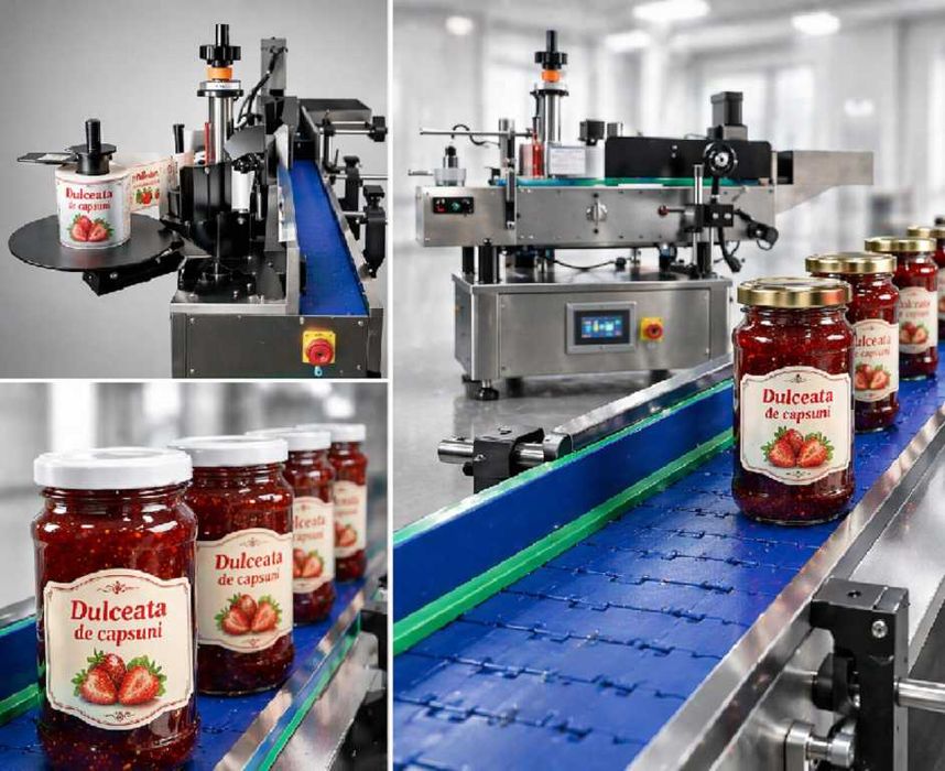 Masina automata etichetare sticle si borcane – compacta, profesionala si eficienta