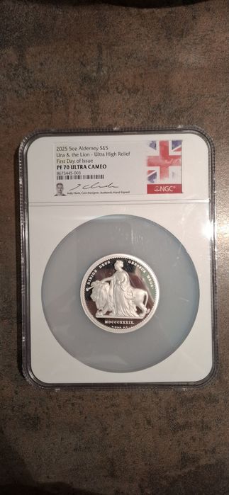 Monedă Argint 5oz 2025 Alderney - Una & the Lion - NGC PF70 - SEMNATĂ