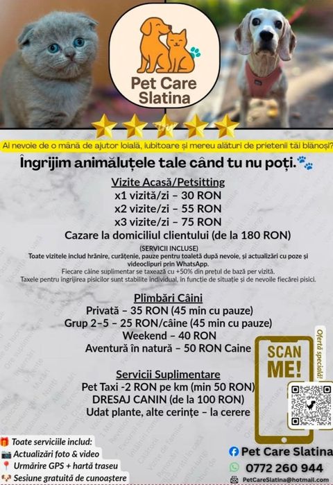 Plimbări câini, Dresaj canin, Vizite pisici & căței,Pet sitting,  Pet Taxi  și multe altele. ❤️  Îngrijire cu pasiune