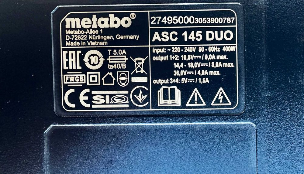 METABO ASC 145 DUO - Двойно бързо зарядно с охлаждане 12-36 V