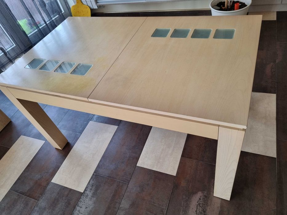 Разтегателна трапезна маса МДФ+стъкло 80/140(180)/75, цвят парен бук