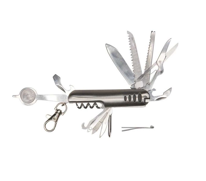 Briceag multifuncțional din otel inoxidabil, cu husa, cuțit, nou, sigilat, realizat in Germania