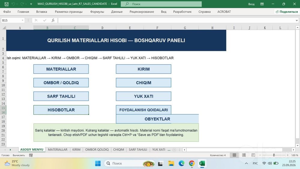 М29 MAO QURILISH HISOBI — Excel dasturida