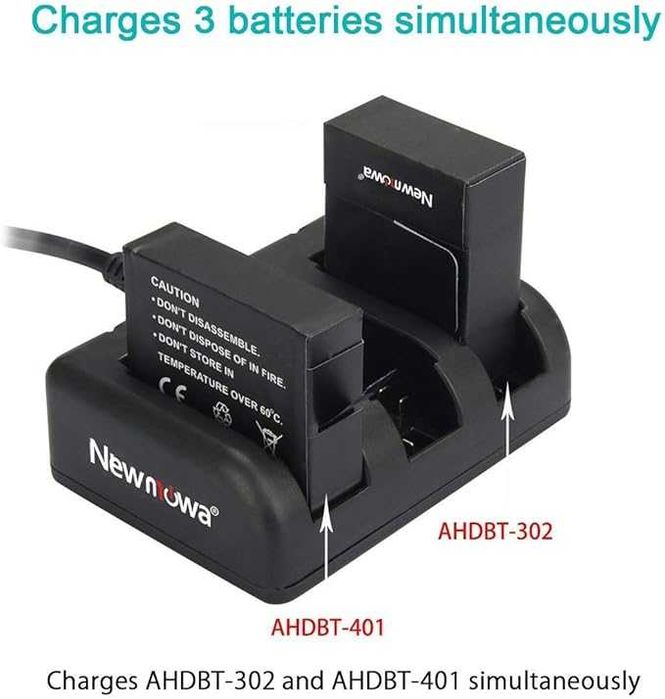 Newmowa акумулаторни батерии AHDBT-401 и 3-канално зарядно за Gopro
