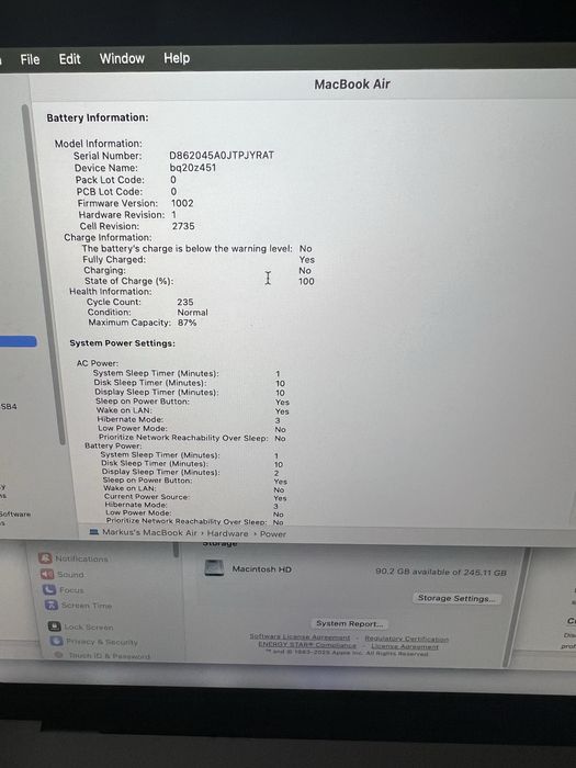 MacBook Air M1 ecran defect – 8GB / 256GB – Space Grey