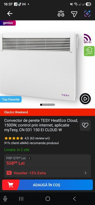 Vand convector wi-fi 1500 w (radiator  electric) de perete