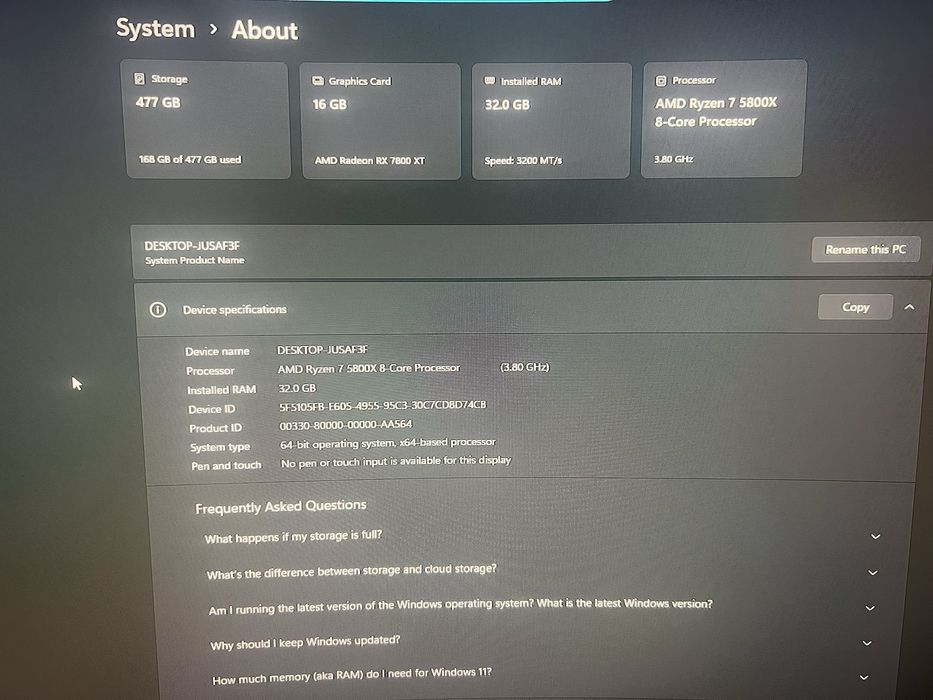 Геймърски компютър Ryzen 7 5800x + Rx 7800 XT 16GB - 32GB RAM