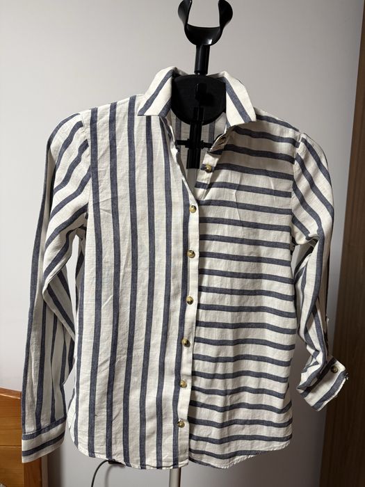 Cămașă damă DeFacto S alb crem cu dungi bleumarin elegant casual