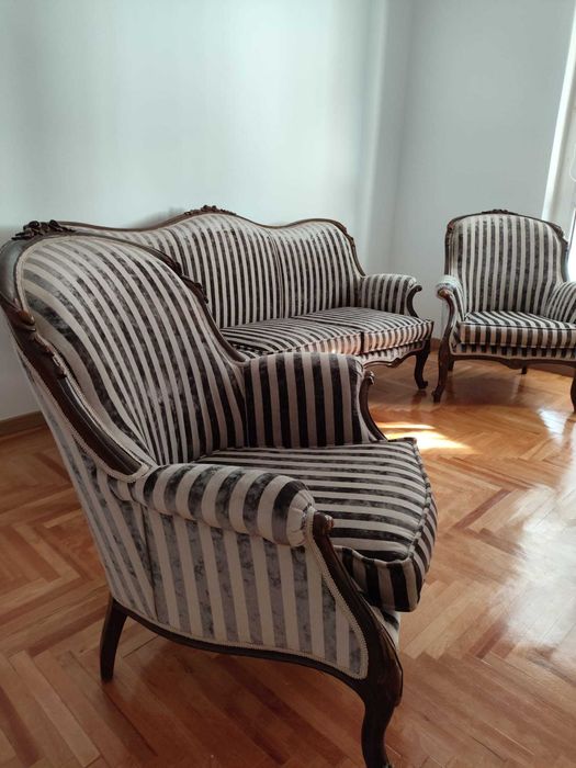 Canapea textil lemn masiv piele 3 locuri